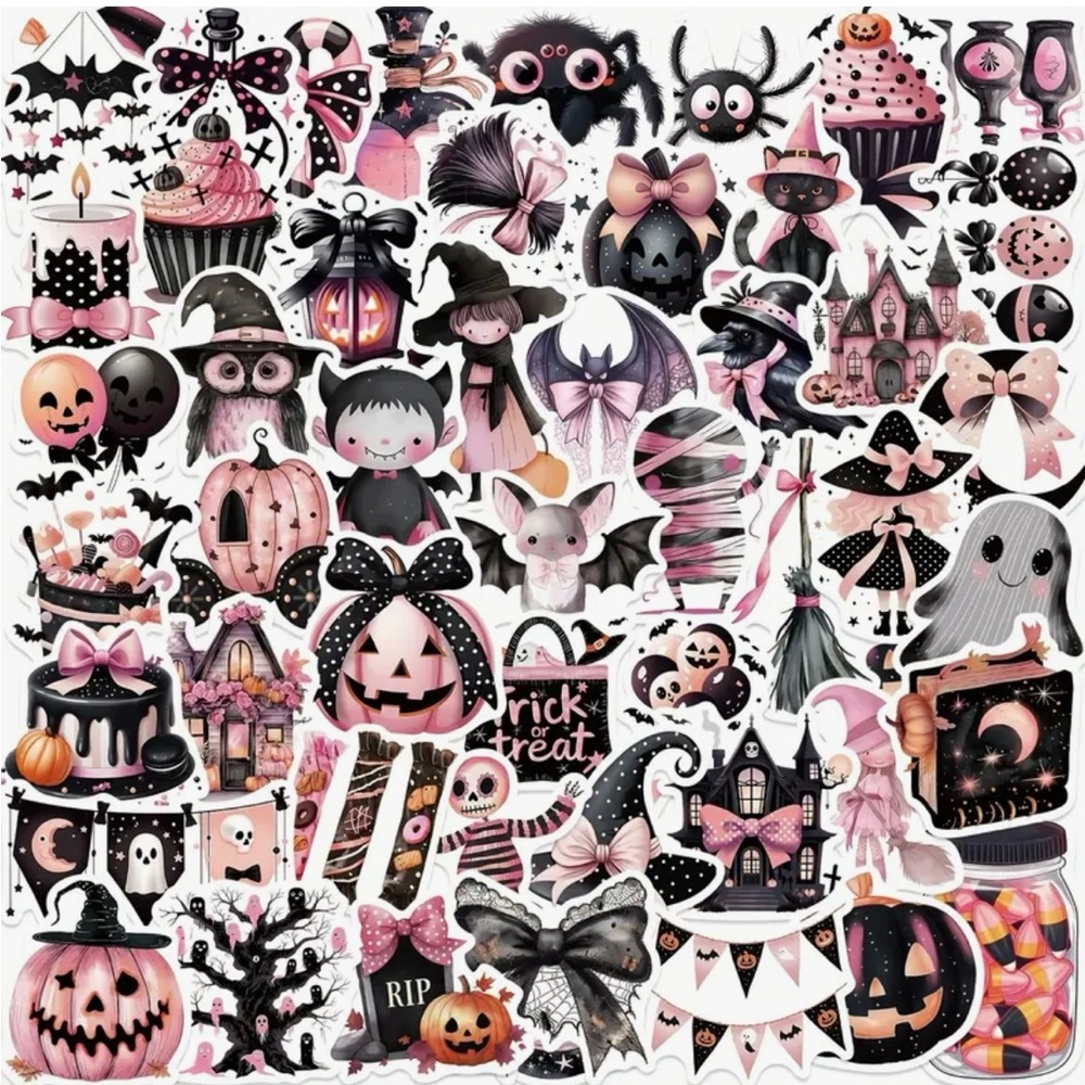 50 Halloween Cute Gothic Sticker Set - Pink and Black Witch Ghost Sweets